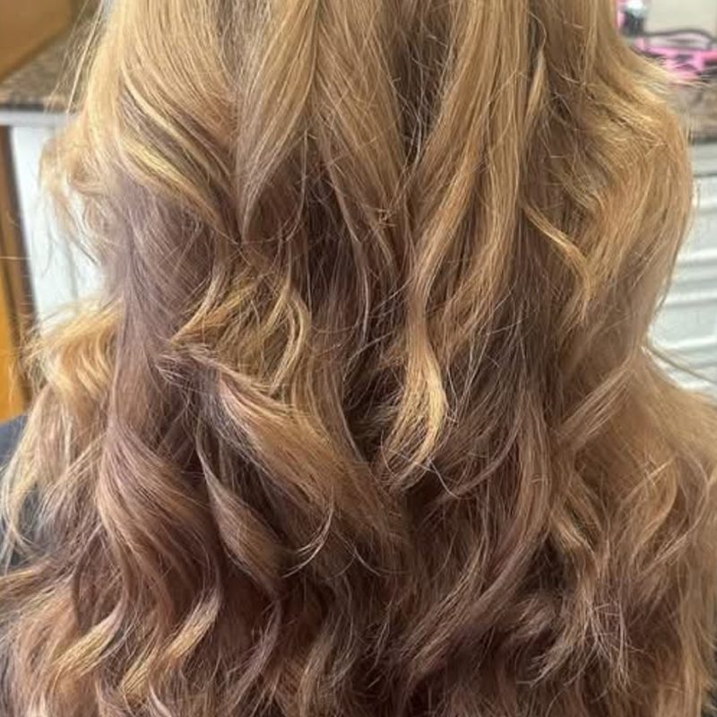 Honey blonde highlights with soft curls, back view