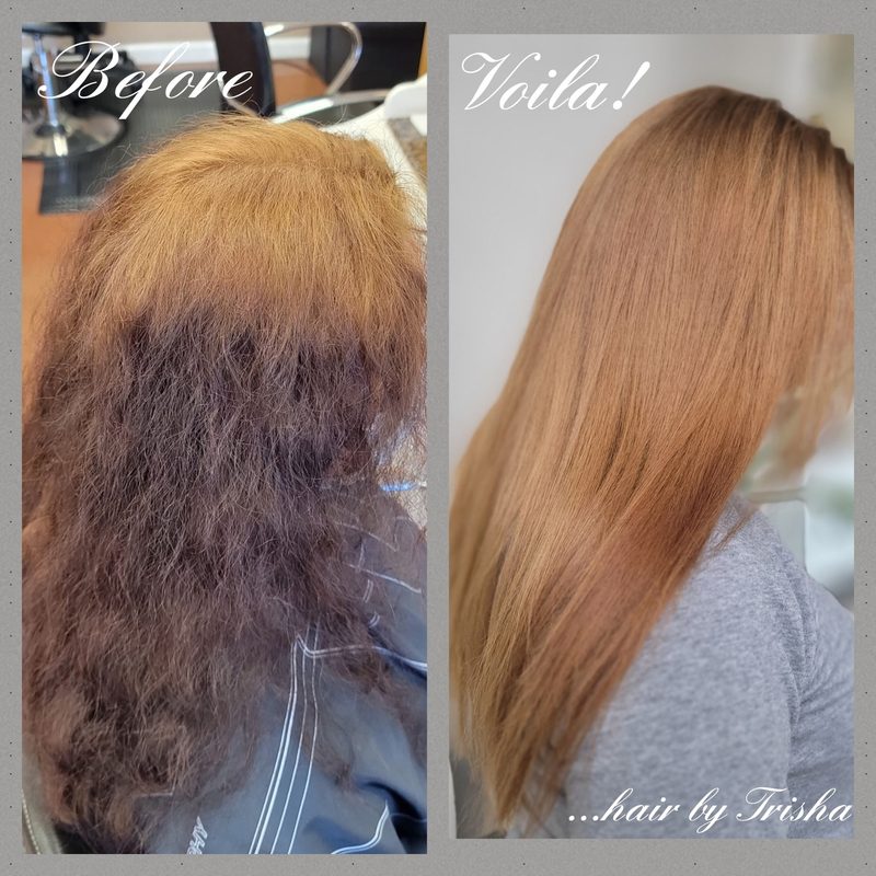 Before and after color correction: patchy, uneven color turned into smooth, even copper, back view
