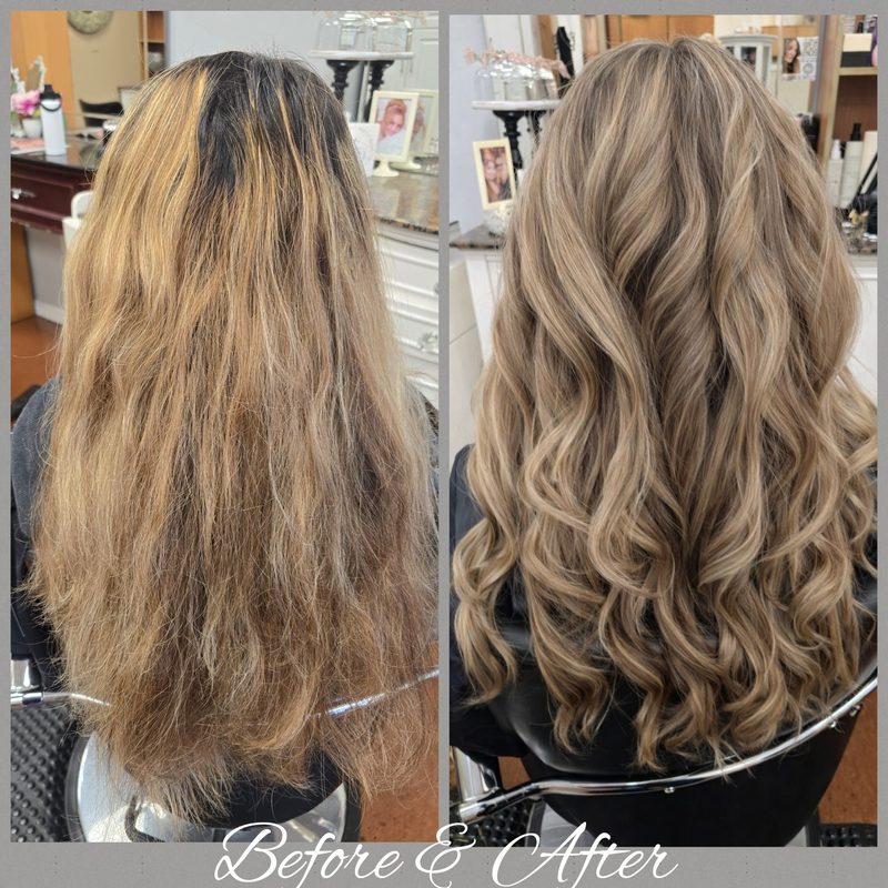 Before and after color correction with highlights: grown-out brassy color turned into dimensional blonde waves, back view