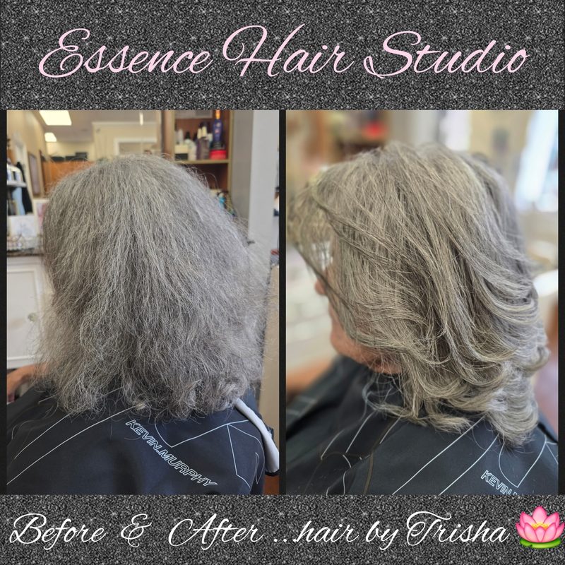 Before and after gray blending with highlights: coarse gray hair turned into soft, layered silver, back and side view