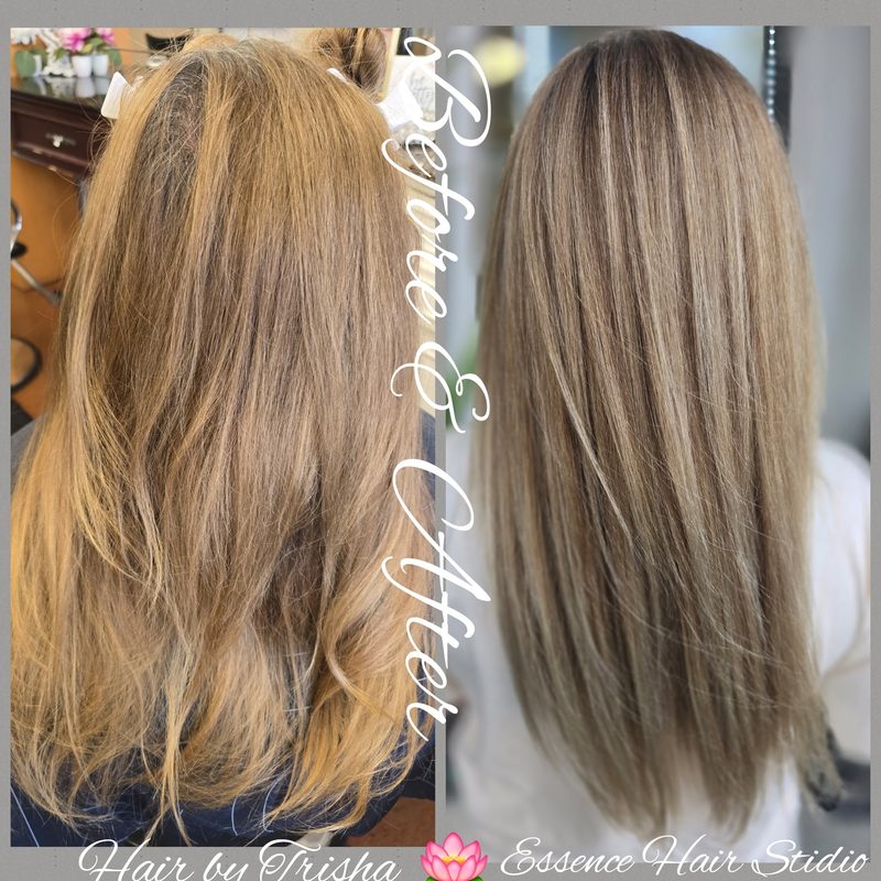 Before and after highlights and haircut: brassy, uneven length turned into sleek, bright blonde highlights, back view